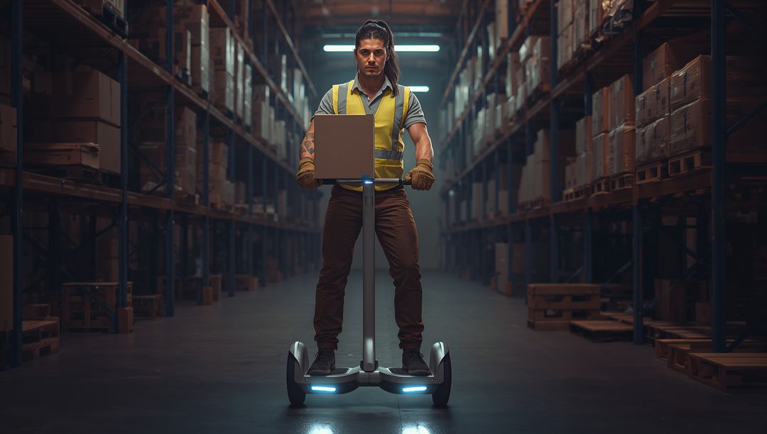 Warehouse Worker Navigating Inventory on Segway with Cardboard Box