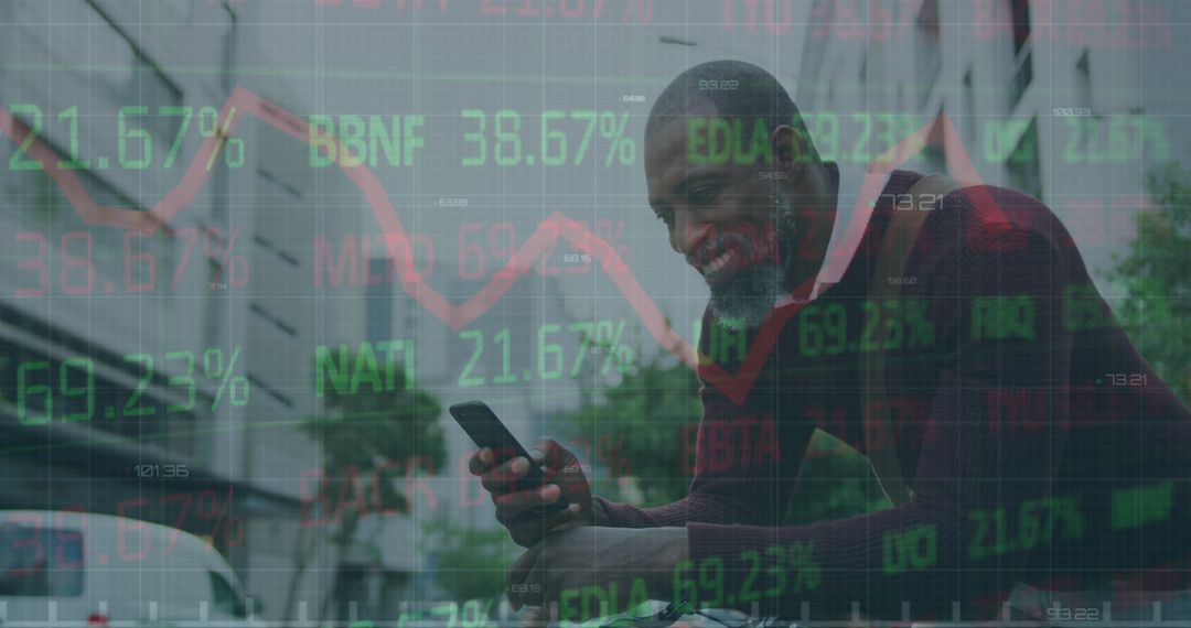 Businessman Analyzing Financial Data on Smartphone, Double Exposure Effect