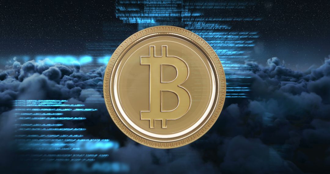 Golden Bitcoin with Digital Cloud and Code Background