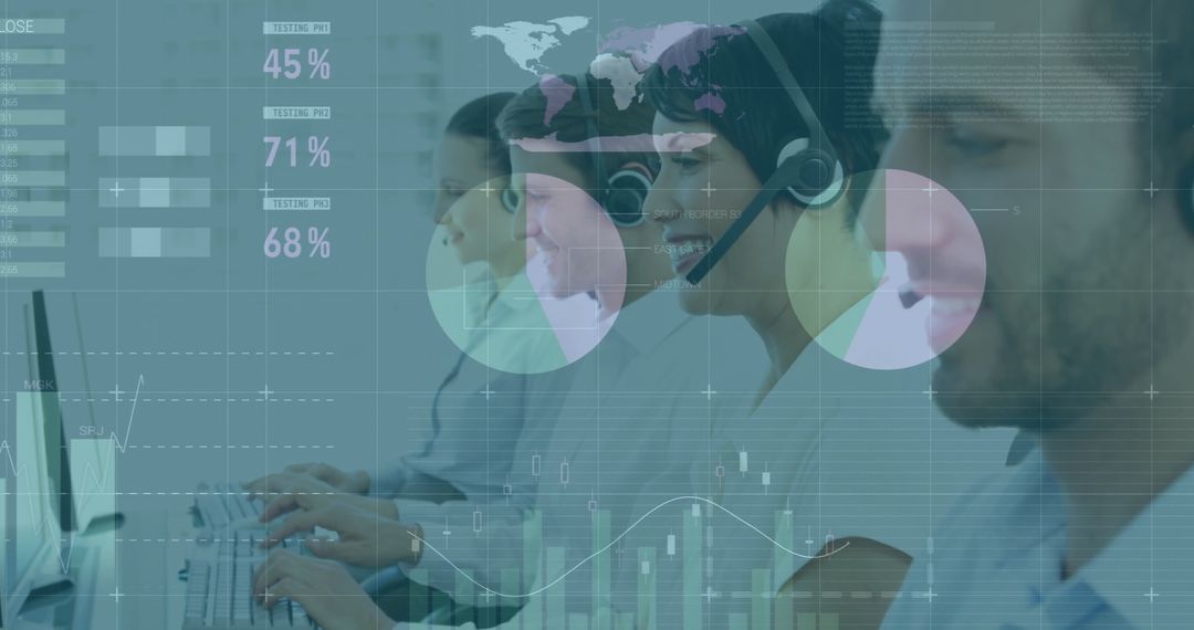 Diverse Global Call Center Team Amid Financial Data Interface