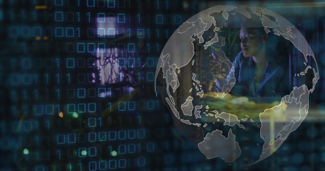 Tech Globalization with Woman in Server Room and Digital World Overlay
