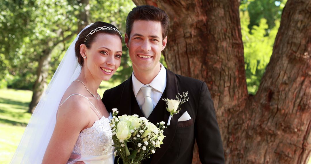 Smiling Bride and Groom on Wedding Day Outdoors - Free Images, Stock Photos and Pictures on Pikwizard.com