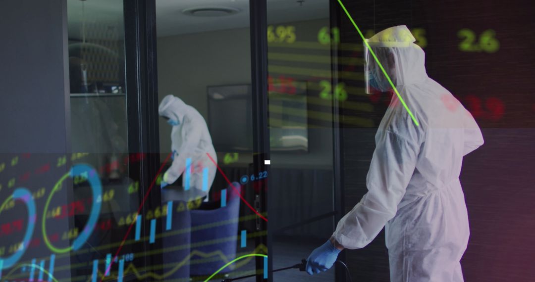 Professionals Disinfecting Office with Financial Data Overlay