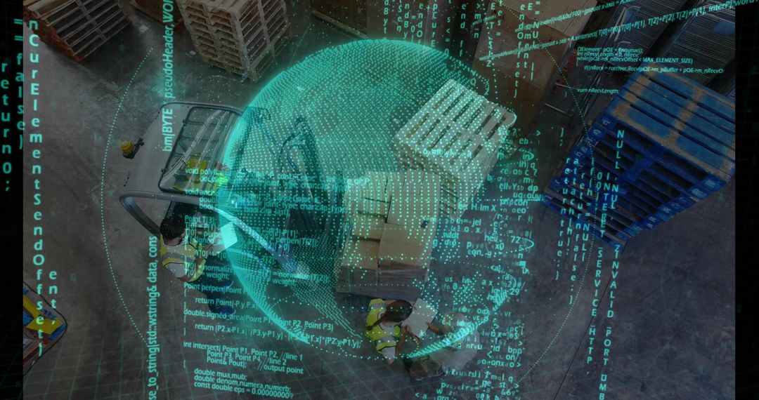 Futuristic Logistics Warehouse with Holographic Data Display