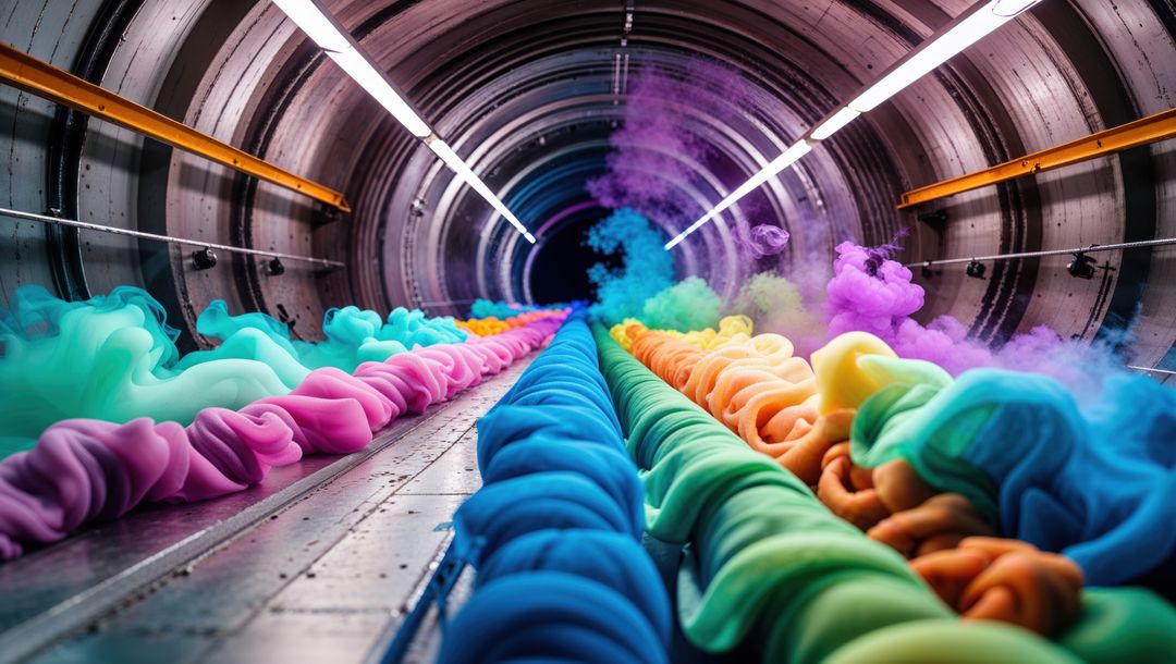 Vibrant colorful fabric swirls dramatically meet in futuristic tunnel, streamline design