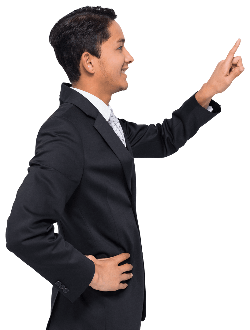 Confident Biracial Businessman Pointing Copy Space Transparent Background