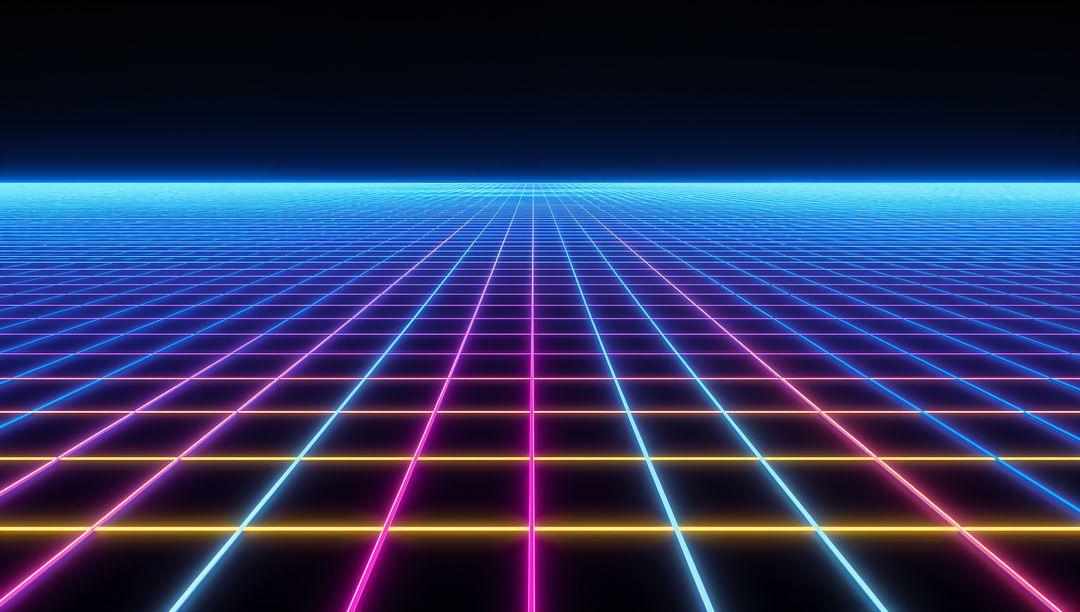 Neon Grid Receding to Horizon with Cyan Glow Retro Synthwave Cyberpunk Landscape
