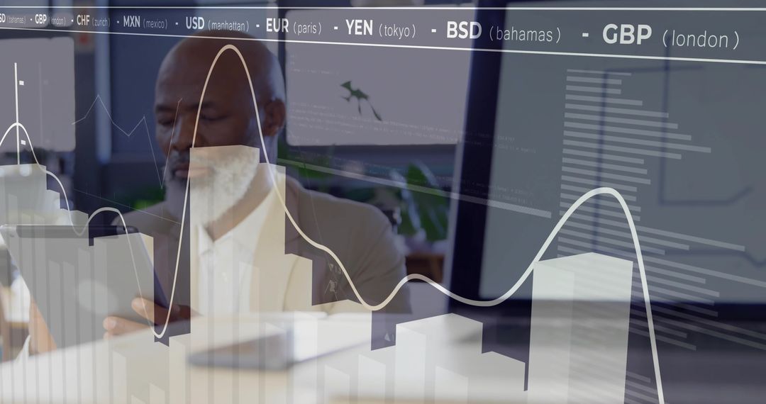 Executive reviewing financial reports on tablet with market charts and analytics overlay