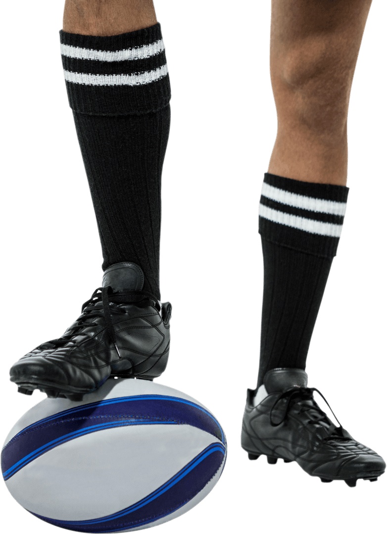 Transparent Player Balancing Rugby Ball with Black Socks and Shoes