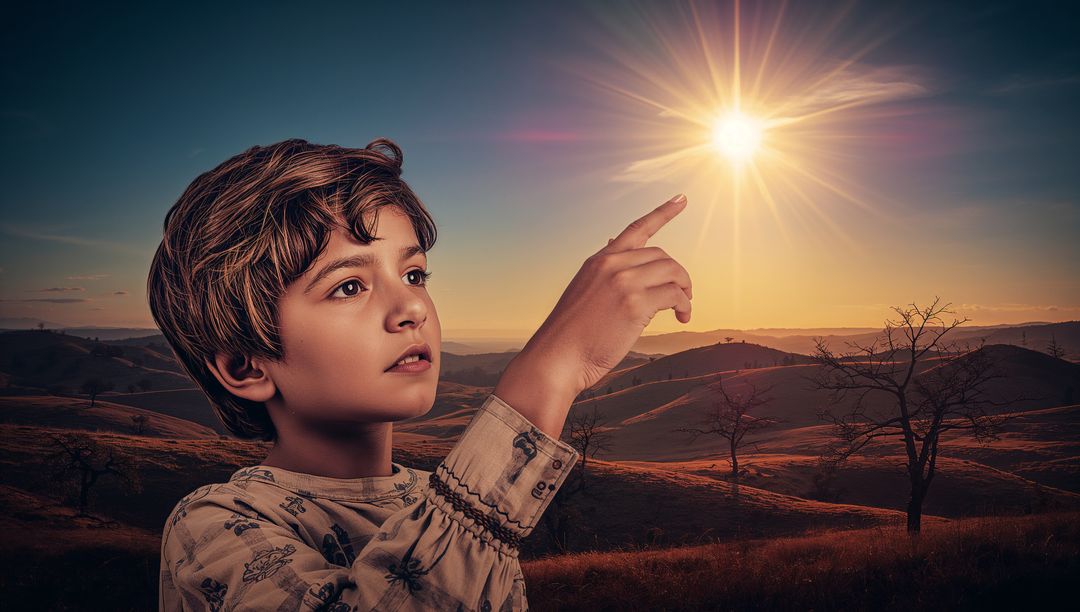 Curious Child Pointing Towards Sun at Sunset in Scenic Hillside