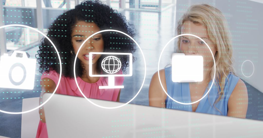 Diverse Businesswomen Collaborating with Digital Interface Icons