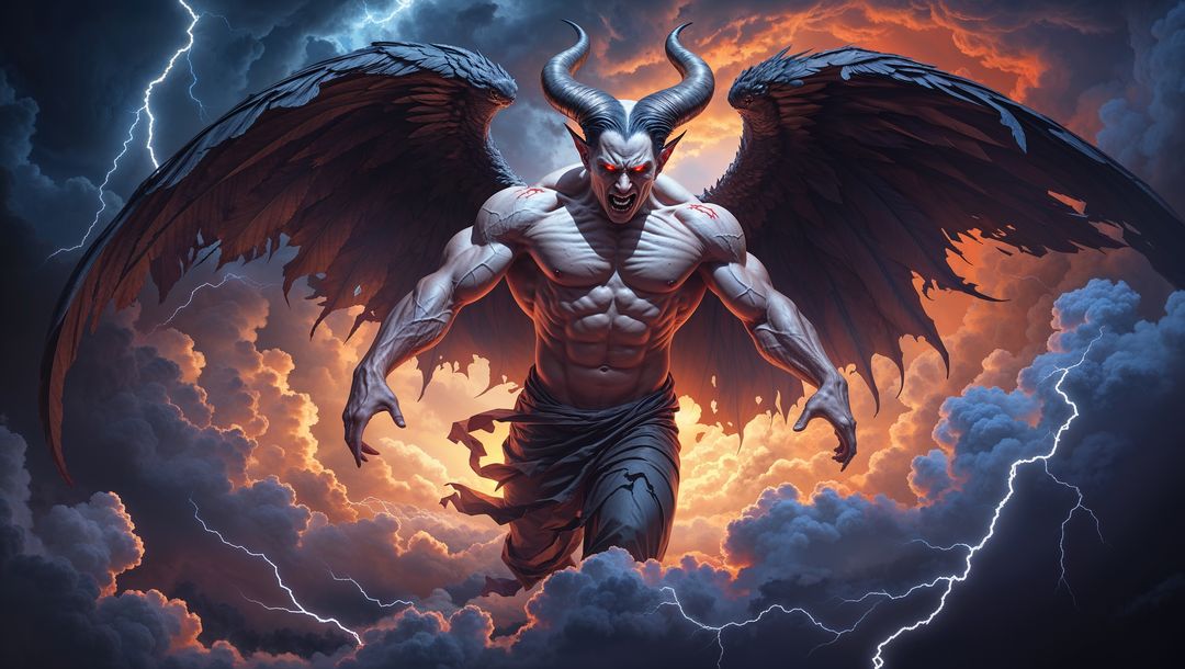 Dramatic satan soaring in fiery sky