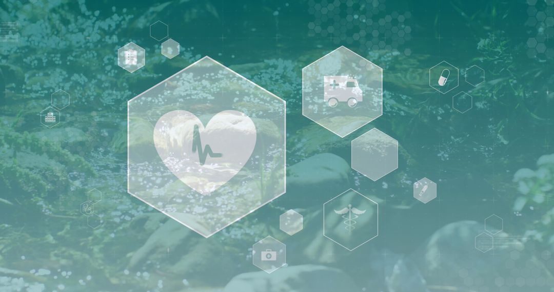 Health Symbols Overlaying Natural River Background