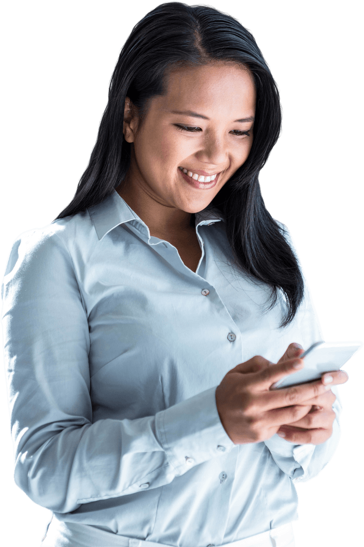 Transparent Businesswoman Smiling Using Smartphone Indoors