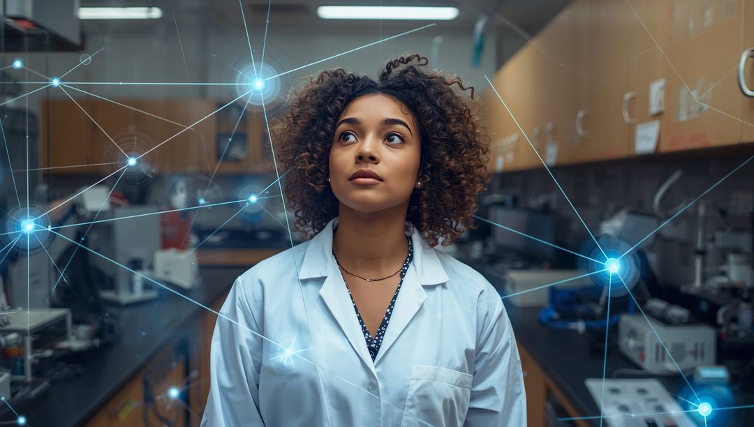Innovative Female Scientist Exploring Digital Networks in Modern Laboratory