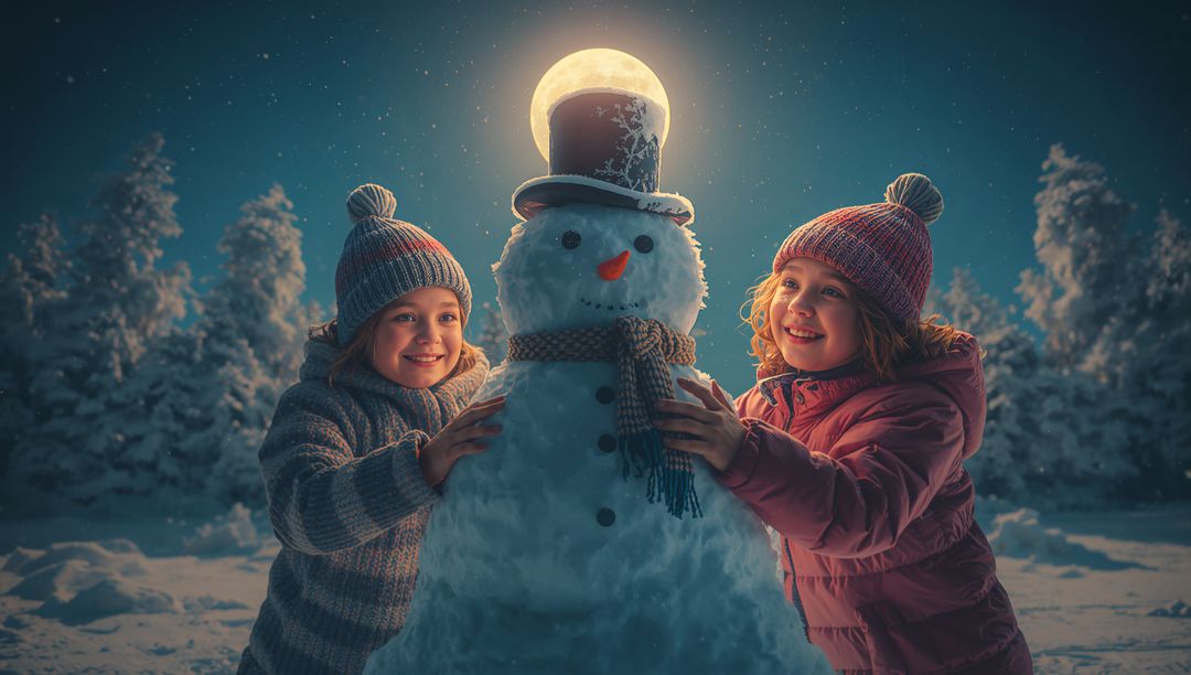 Children Enjoying Winter Night with Smiling Snowman