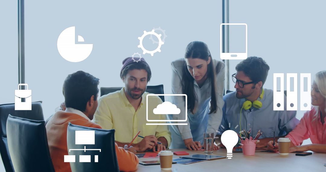 Colleagues Brainstorming with Digital Icons Overlay in Modern Office