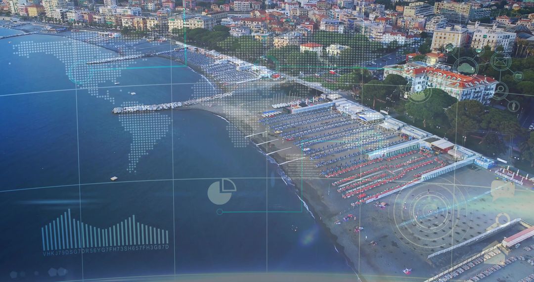 Aerial coastal scene showing beach resort with sunbeds, umbrellas, piers and HUD overlays