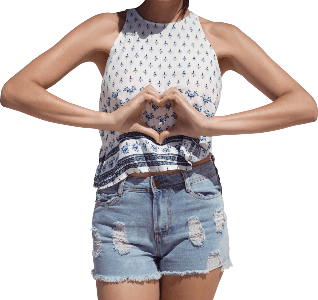 Arms Making Heart Shape Wearing Detailed Top and Denim Shorts Transparent Background