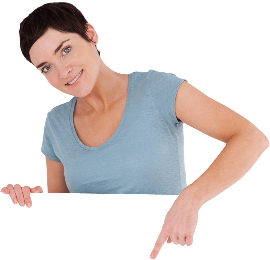 Smiling Brunette Holding Blank Transparent Sign
