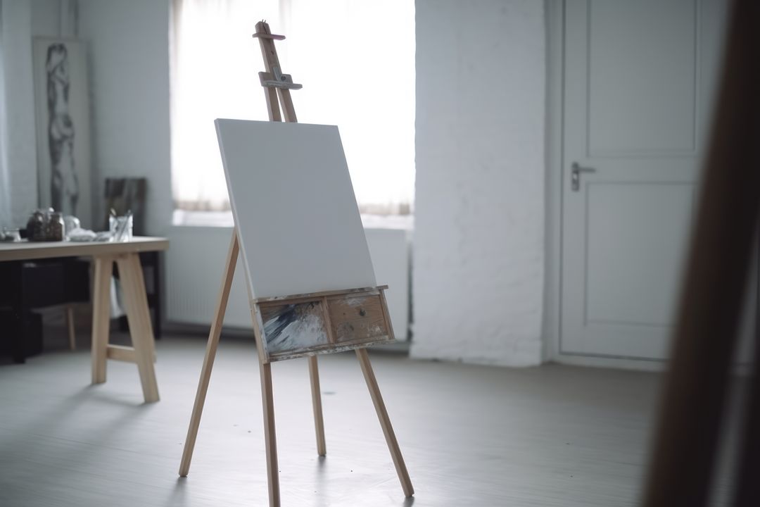 Blank canvas on wooden easel in daylight by window in painter's studio - Free Images, Stock Photos and Pictures on Pikwizard.com