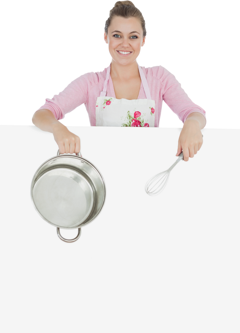 Smiling Woman Holding Wire Whisk and Mixing Bowl Behind Transparent Billboard - Download Free Stock Images Pikwizard.com