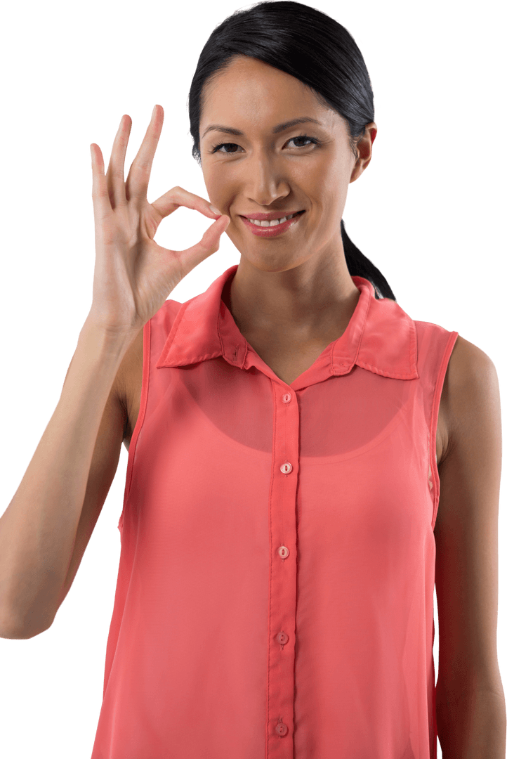 Smiling Woman Giving Okay Hand Gesture with Transparent Background