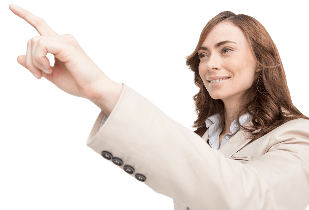 Caucasian Businesswoman Confidently Pointing on Transparent Background