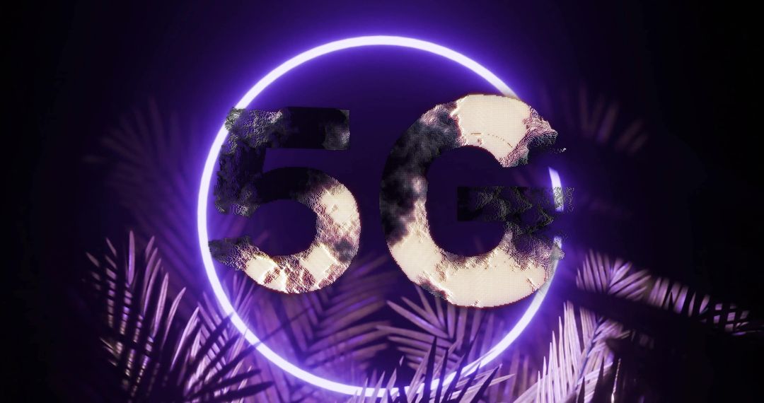 Futuristic Neon Design with 5G Text over Dark Tropical Background