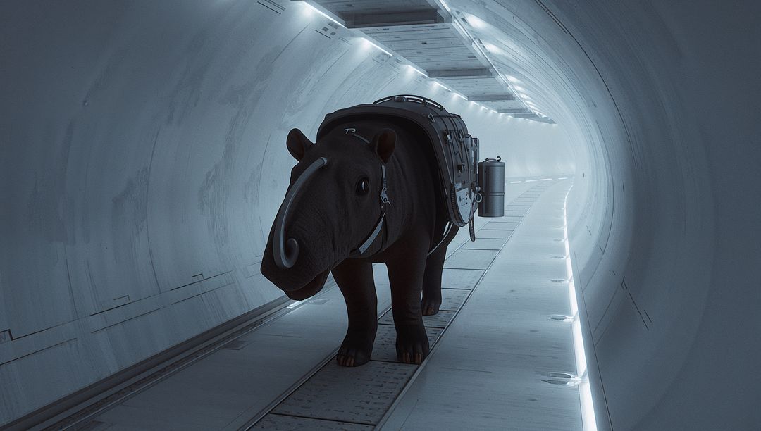 Futuristic cargo tapir-like mammal wearing harness and saddle pack in sterile subterranean tunnel