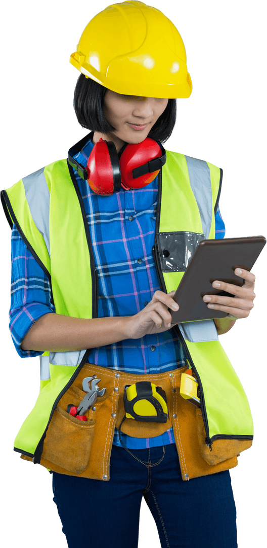Female Engineer Using Tablet Surrounded by Transparent Background