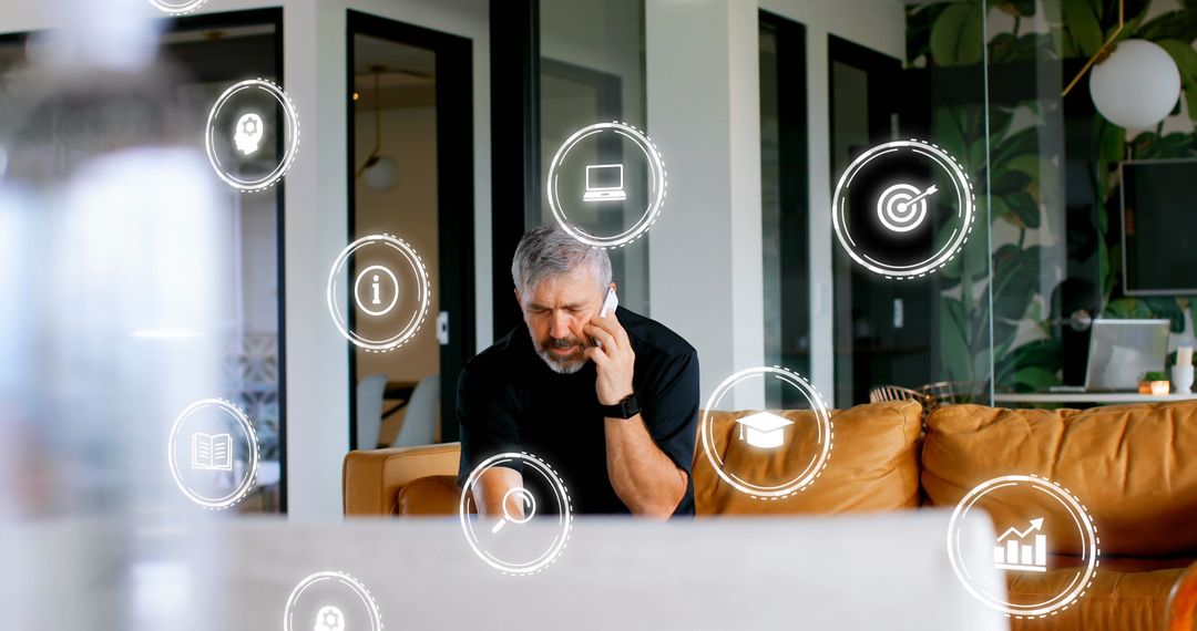 Caucasian Businessman Engaging with Digital Data Interfaces in Modern Office