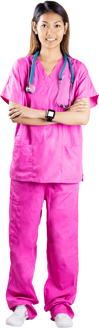 Smiling Female Doctor in Pink Scrubs on Transparent Background