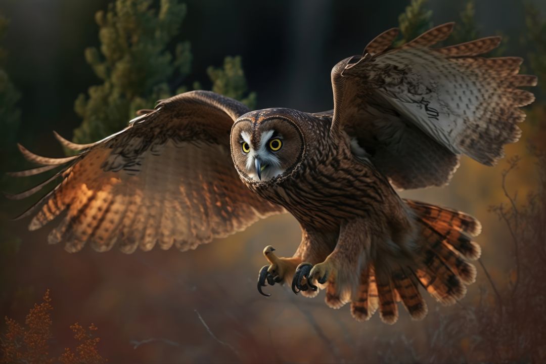 Majestic Owl in Flight with Outstretched Wings in Forest - Free Images, Stock Photos and Pictures on Pikwizard.com
