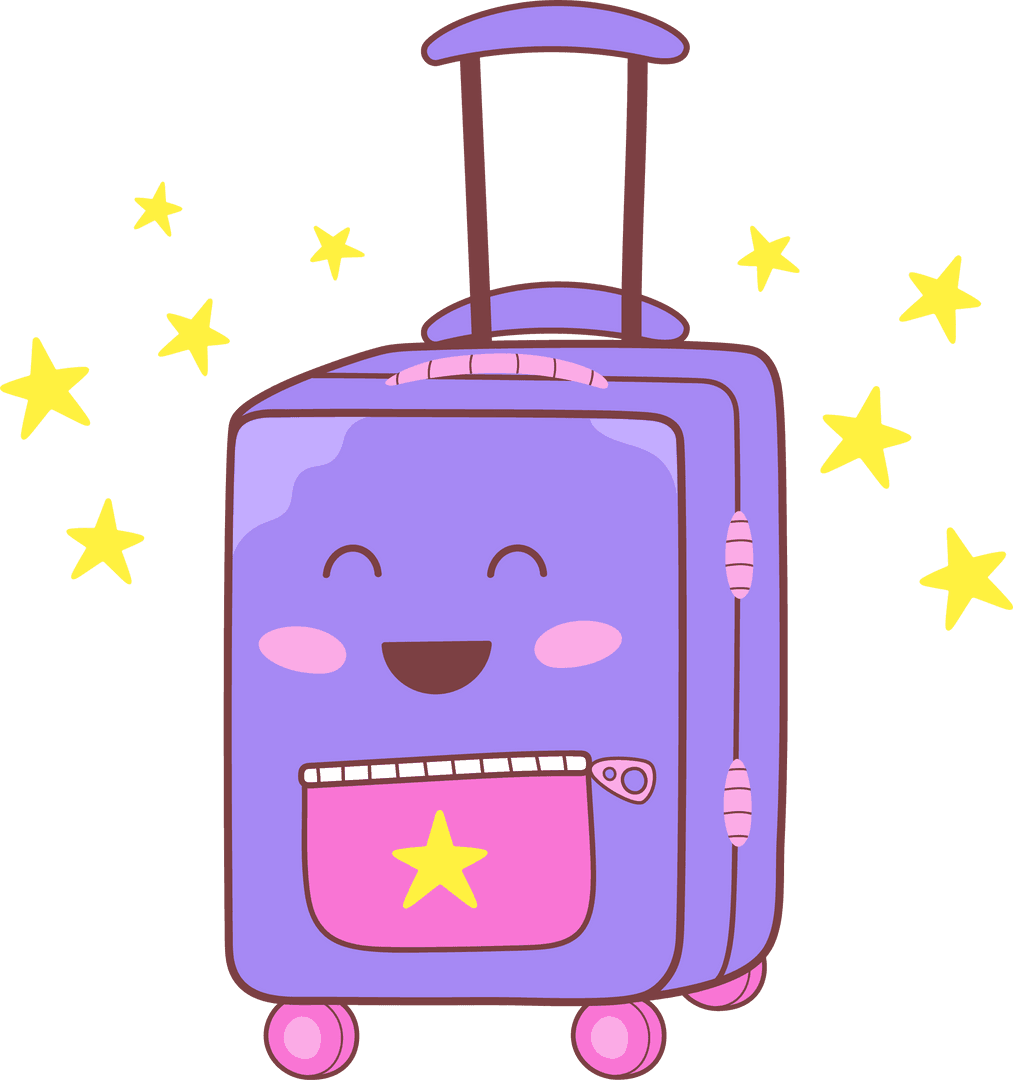 Smiling Purple Cartoon Suitcase with Stars on Transparent Background
