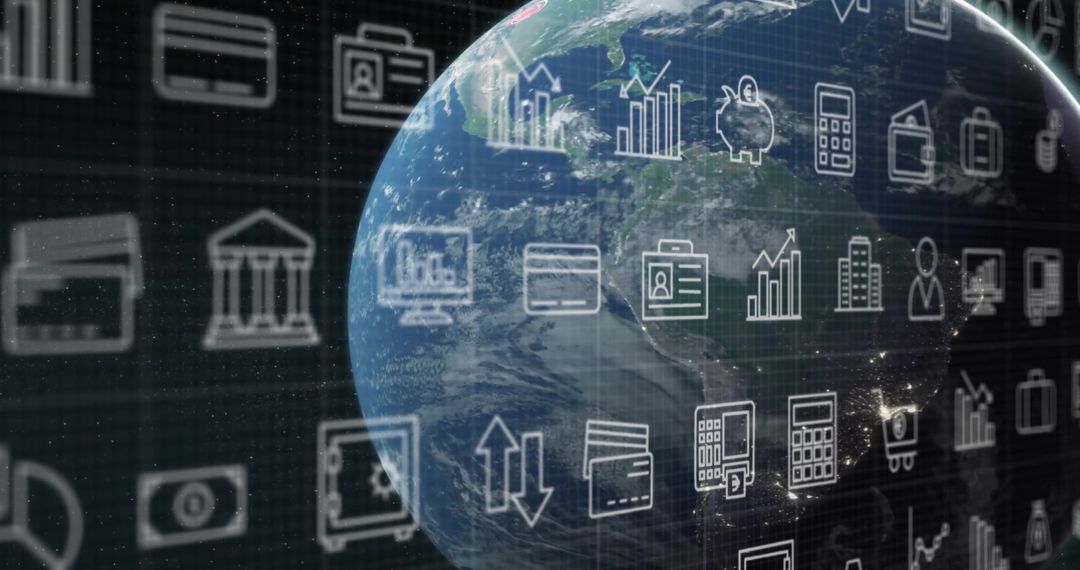 Global Digital Finance with Business Icons Overlay on Earth