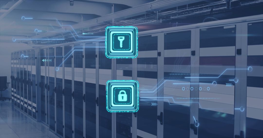 Cybersecurity Data Center with Key and Lock Icons