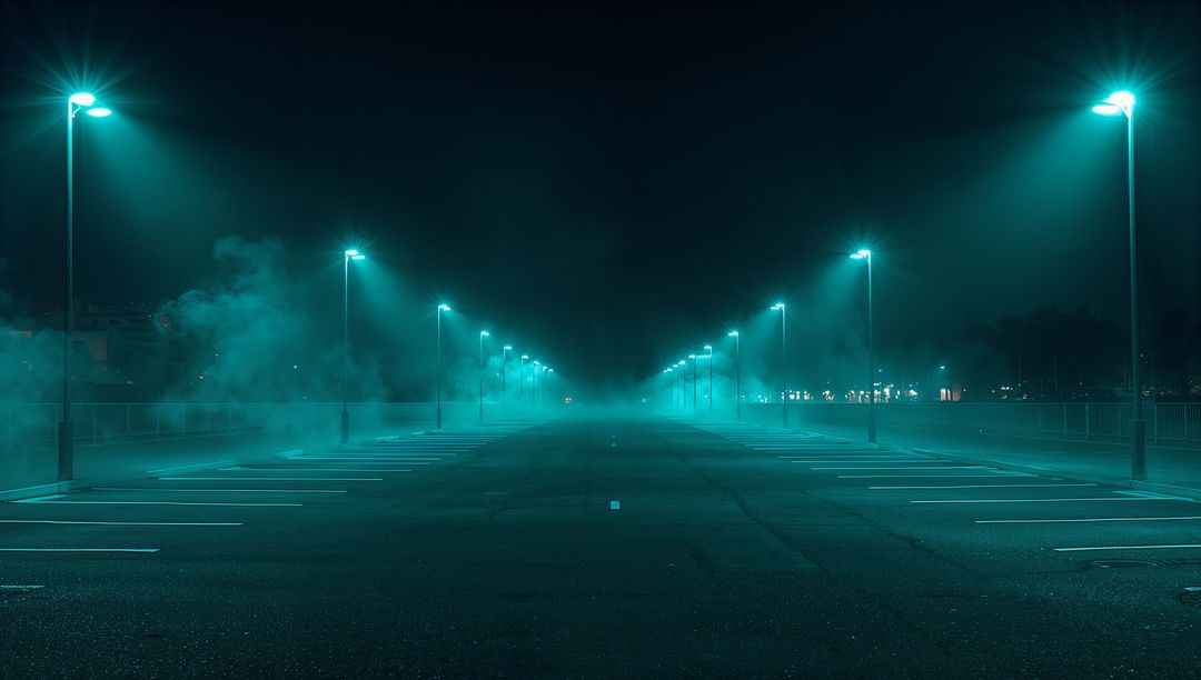 Neon Teal Empty Parking Lot at Night with Foggy Streetlights and Symmetrical Leading Lines