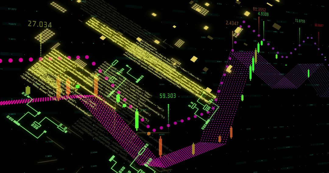 Digital Finance Data Overlay on Circuit Board