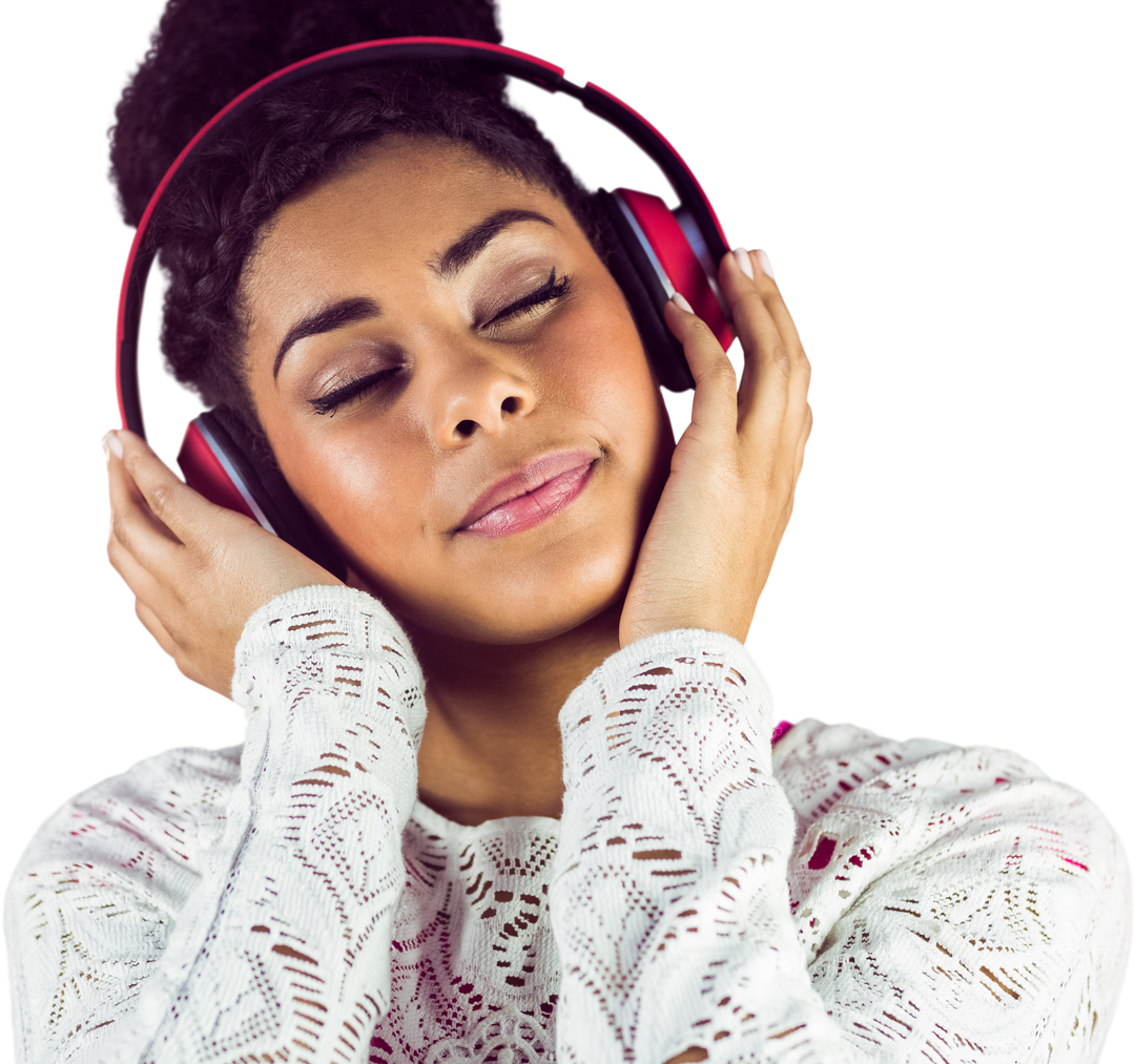 Young Woman With Eyes Closed Listening Music Through Transparent Background - Download Free Stock Images Pikwizard.com