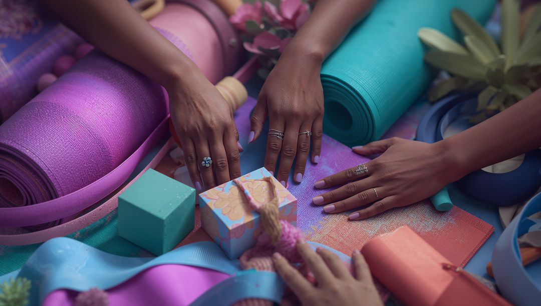 Hands Arranging Colorful Yoga Items in Studio Setting