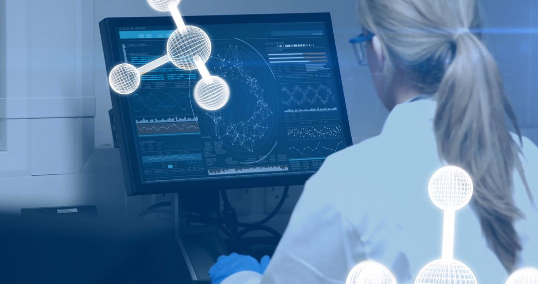 Female Scientist Using Computer with Digital Molecule Overlay