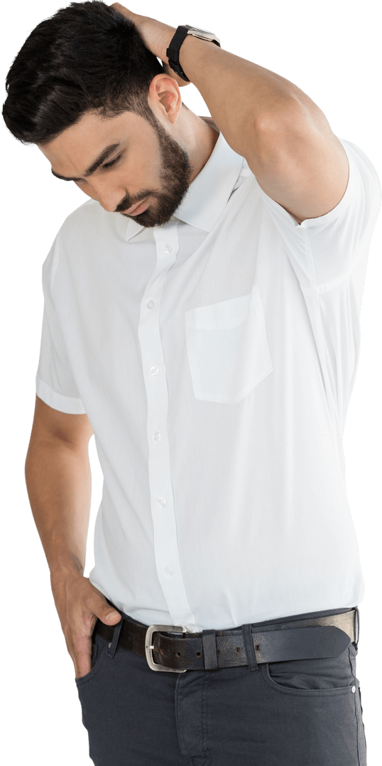 Thoughtful Caucasian Man Holding Head on Transparent Background