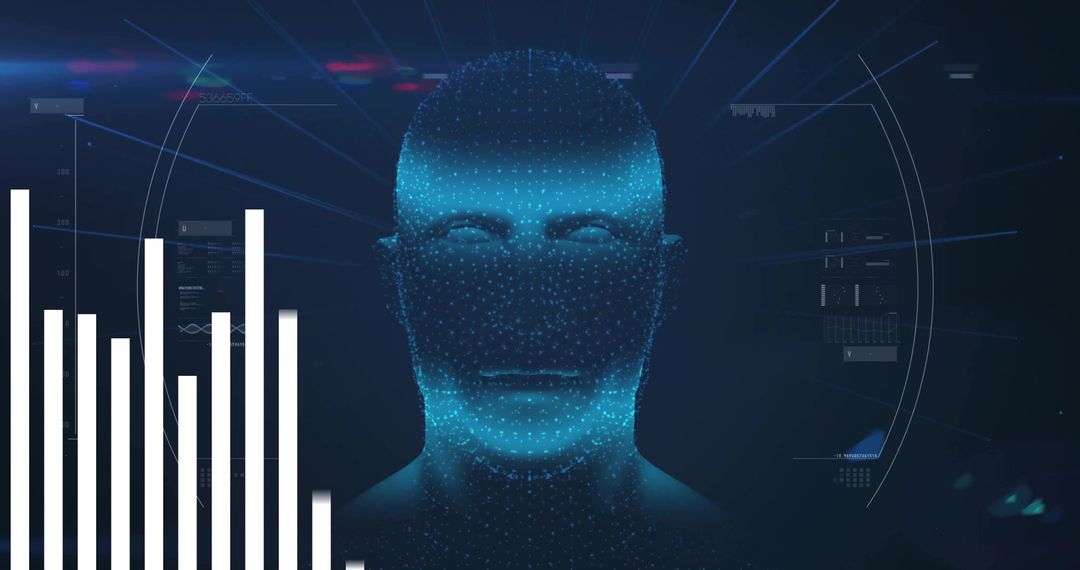 Digital Head in Futuristic Data Interface with Bar Charts and Grids