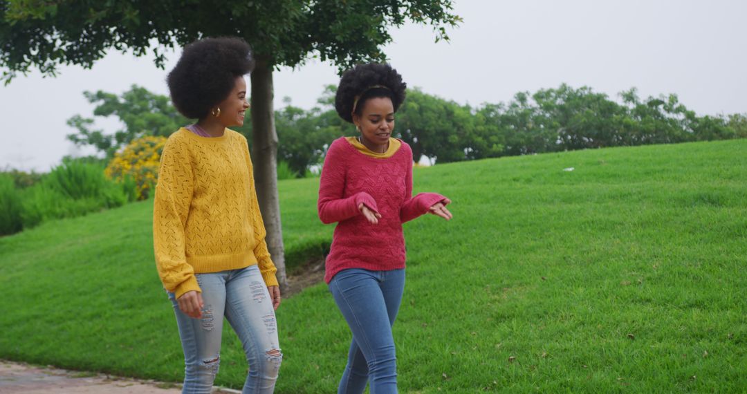 Two African American Teenage Girls Walking and Chatting in Park - Free Images, Stock Photos and Pictures on Pikwizard.com