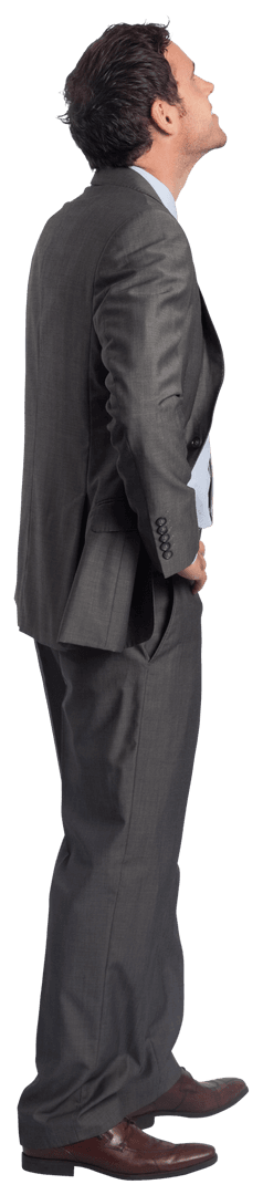 Transparent Smiling Businessman Looking Up with Hand on Hip