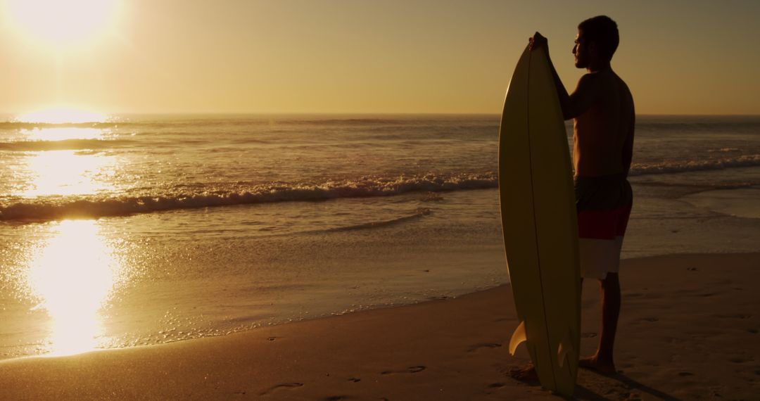 Surfer with a Surfboard Watching Sunset at Beach - Free Images, Stock Photos and Pictures on Pikwizard.com