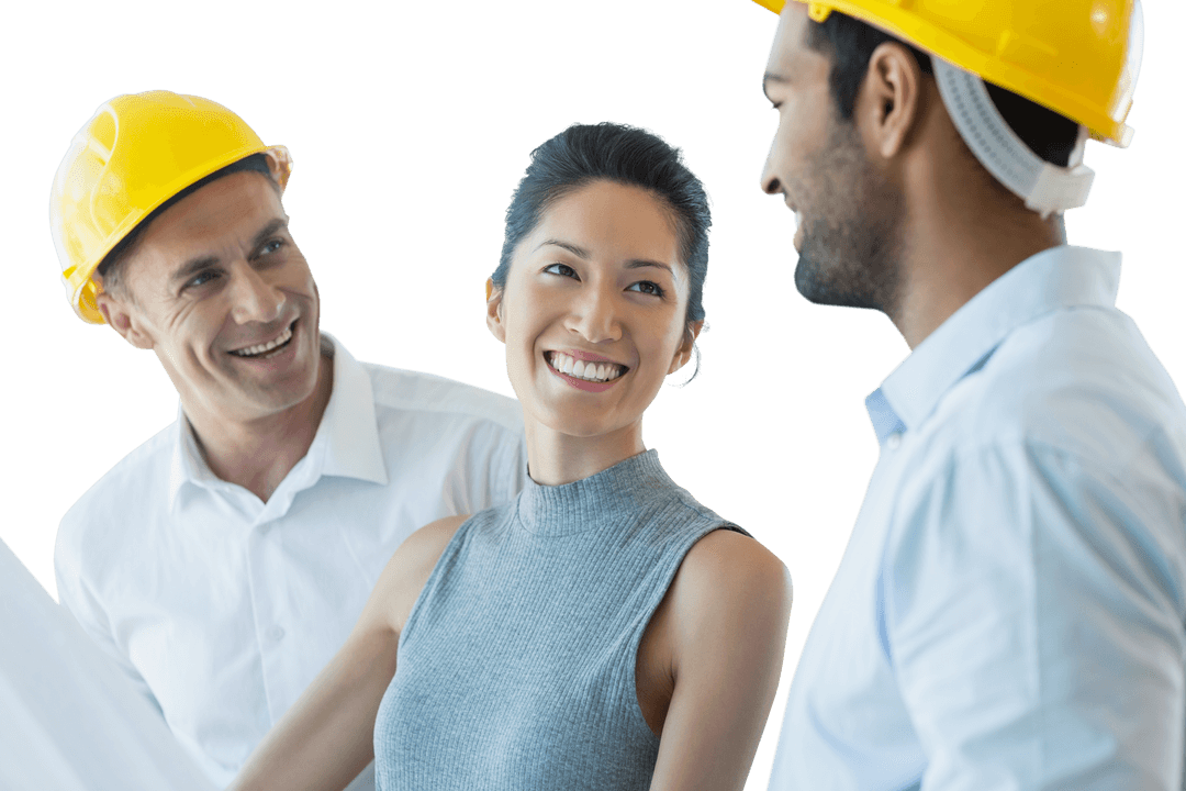 Happy Professionals Collaborating with Transparent Construction Background