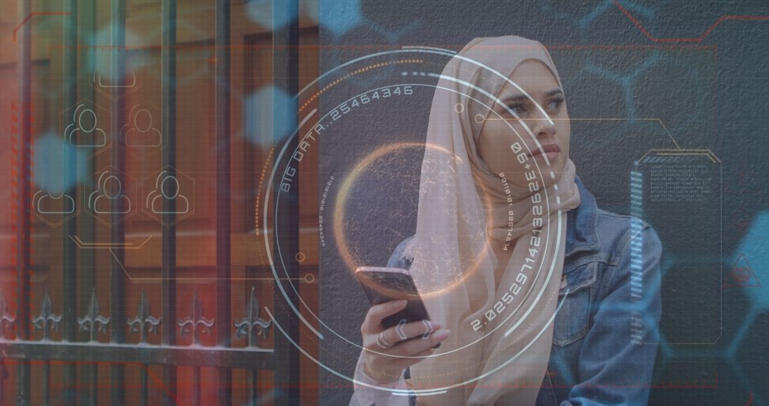 Middle Eastern Woman Using Smartphone with Digital Interface Overlay