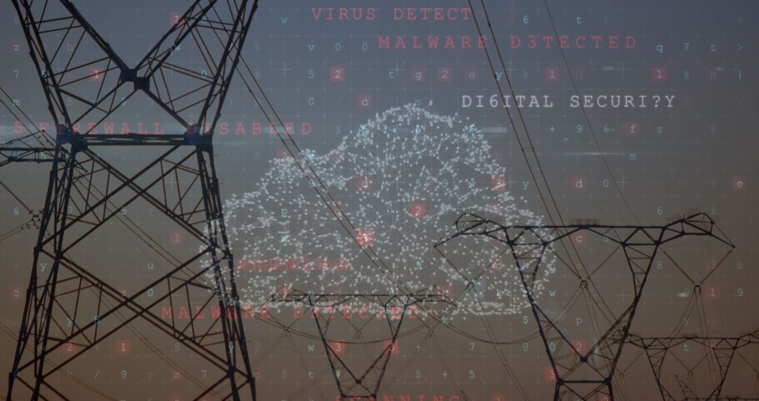 Digital Cloud Over Power Lines Highlighting Cybersecurity Concerns
